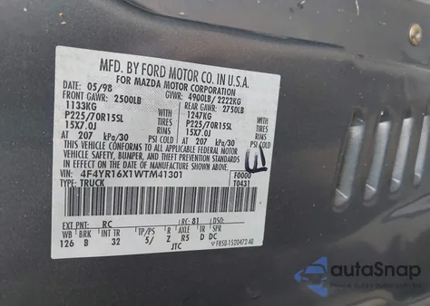 1998 Mazda B4000 Se from USA, damaged, VIN 4F4YR16X1WTM41301